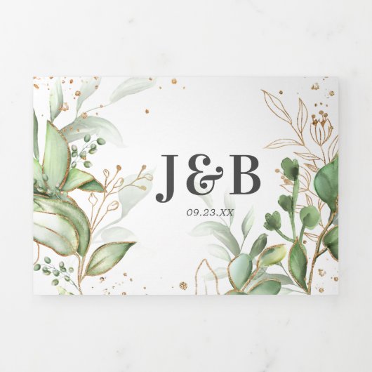 Elegant Greenery en Gold Wedding all in one Drieluik Uitnodiging (Cover)