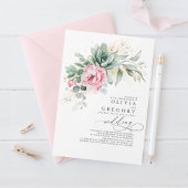 Elegant Greenery en Pink Flowers Wedding Kaart