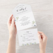 Elegant Greenery en White, Blue Floral All In One Uitnodiging (Afscheurbaar)