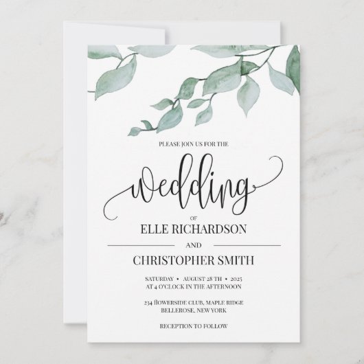 Elegant greenery eucalyptus boho rustige bruiloft kaart (Voorkant)