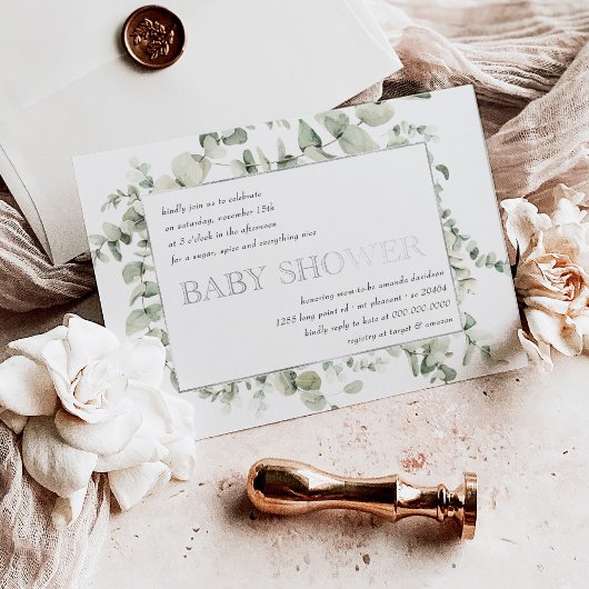Elegant Greenery Eucalyptus Foliage Baby shower Folie Uitnodiging