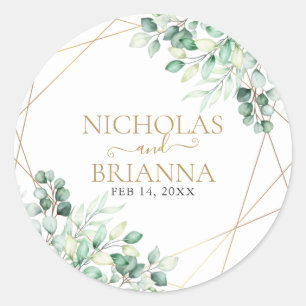 Elegant Greenery Eucalyptus Gold Geometric Wedding Ronde Sticker