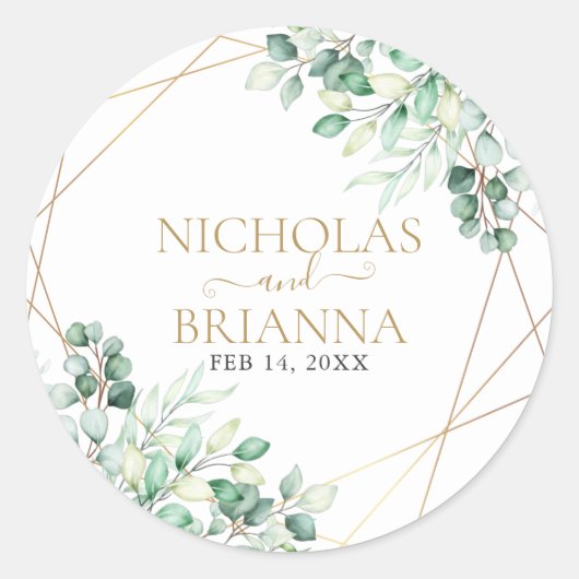 Elegant Greenery Eucalyptus Gold Geometric Wedding Ronde Sticker (Voorkant)
