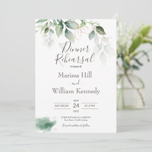 Elegant Greenery Eucalyptus Rehearsal Dinner Invit Kaart (Staand voorkant)