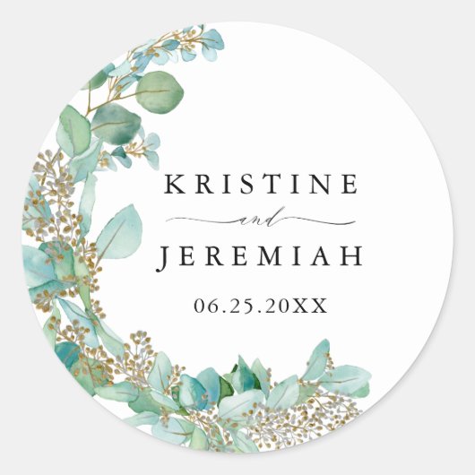 Elegant Greenery Eucalyptus Waterverf Wedding Ronde Sticker (Voorkant)