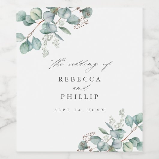 Elegant Greenery Eucalyptus Waterverf Wedding Wijn Etiket (Enkel label)
