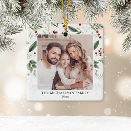 Elegant Greenery Family Photo Christmas Keramisch Ornament
