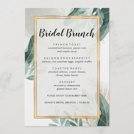 Elegant Greenery Floral Bridal Brunch Menu (Voorkant)