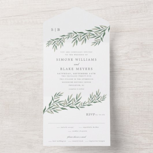 Elegant Greenery Foliage Wedding All In One Uitnodiging (Binnen)