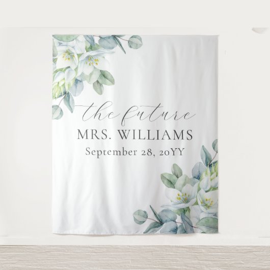 Elegant Greenery Future Mrs Photo Booth Backdrop Wandkleed (Voorkant)