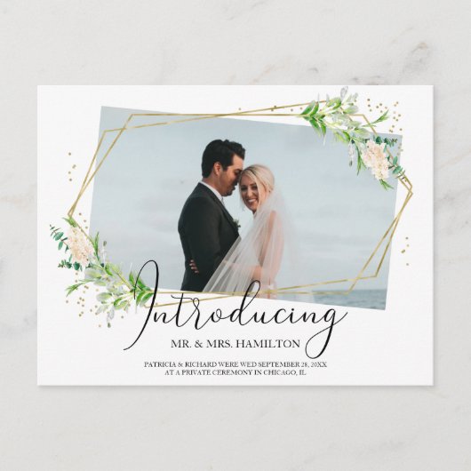 Elegant Greenery Geometric Eloped aankondiging Briefkaart (Voorkant)