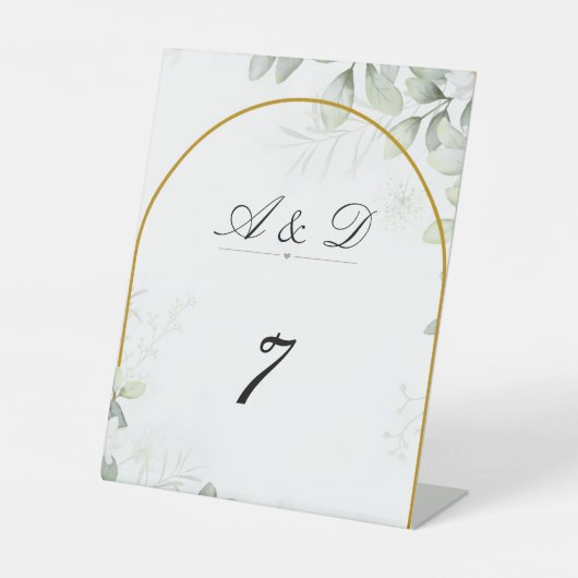 Elegant Greenery & Gold Arch Wedding Table Number Reclamebord Met Voetstuk (Voorkant)