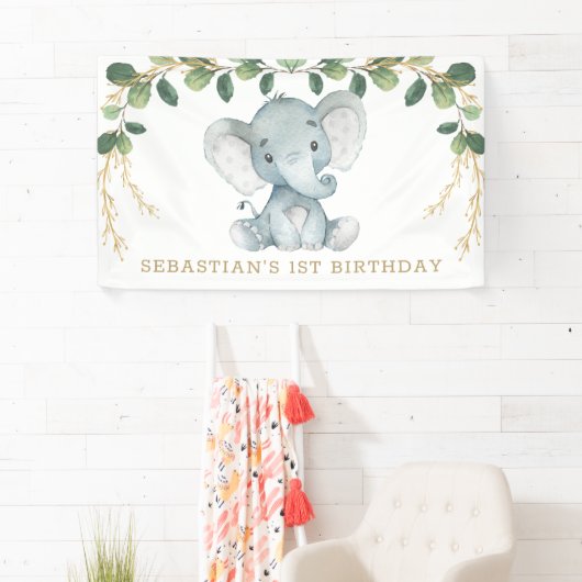 Elegant Greenery Gold Elephant 1e verjaardag Spandoek (Insitu)