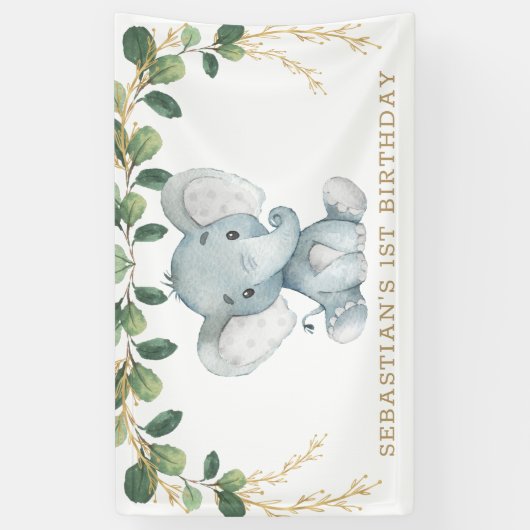 Elegant Greenery Gold Elephant 1e verjaardag Spandoek (Verticaal)