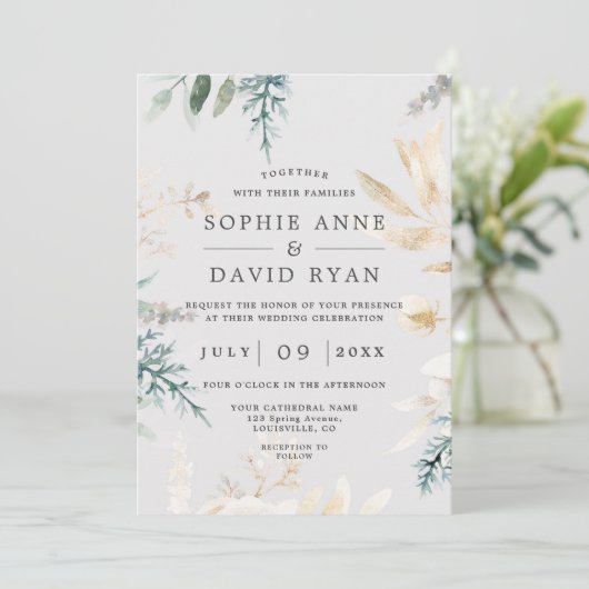 Elegant Greenery Gold Leafy All-in-One Weddenschap Kaart (Staand voorkant)