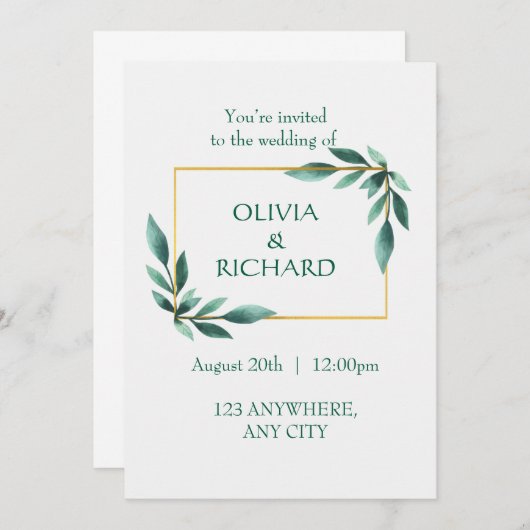 Elegant Greenery Gold Lijst Minimalistische Uitnod Kaart (Voorkant / Achterkant)