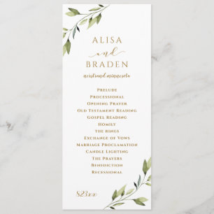 Elegant Greenery & Gold Waterverf Foliage Wedding Programma