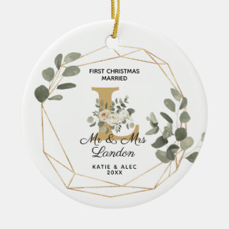 Elegant Greenery Initiaal 1e Kerstvrouw Keramisch Ornament