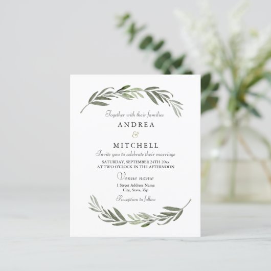 Elegant Greenery Leaf Budget Wedding Invite (Staand voorkant)