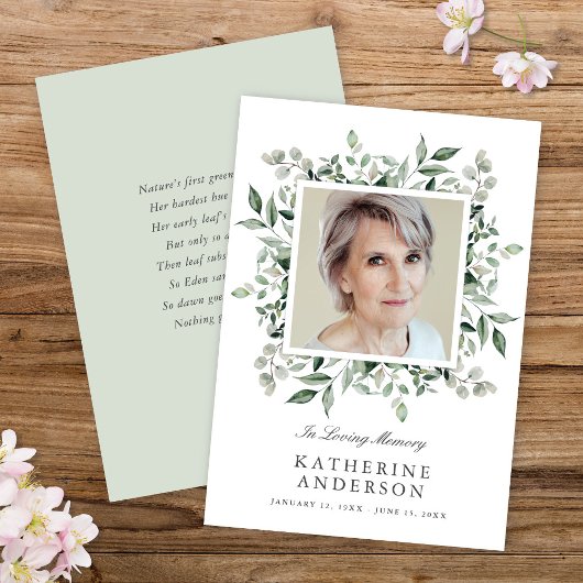 Elegant Greenery Memorial Fotoaankondiging Kaart