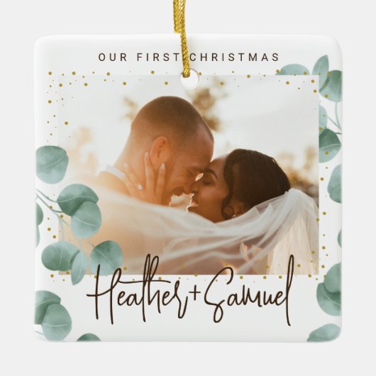 Elegant Greenery Merry and Married Photo Keramisch Ornament (Voorkant)