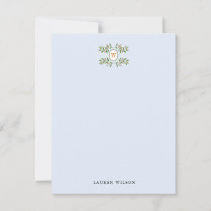 Elegant Greenery met Monogram bleek Blauw Flat Notitiekaartje