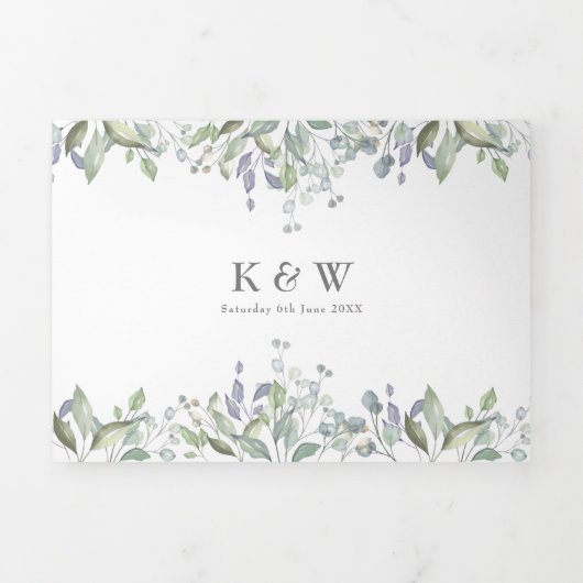 Elegant Greenery Monogram Foto Weddenschap Drieluik Uitnodiging (Cover)
