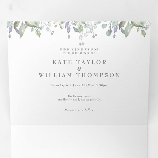 Elegant Greenery Monogram Foto Weddenschap Drieluik Uitnodiging (Binnenzijde eerst)