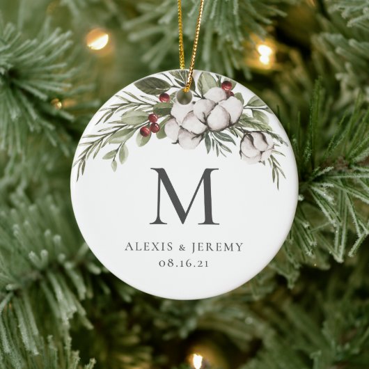 Elegant Greenery Monogram kerstversiering Keramisch Ornament (Boom)