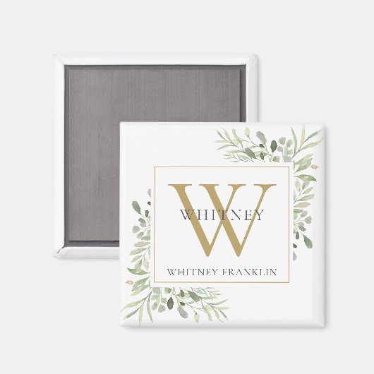 Elegant Greenery Monogram Name Magneet (Voorkant / Achterkant)