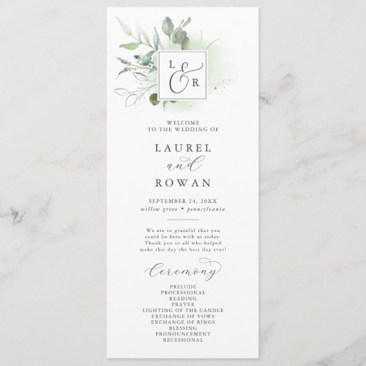 Elegant Greenery Monogram Wedding Programme Programma (Voorkant)