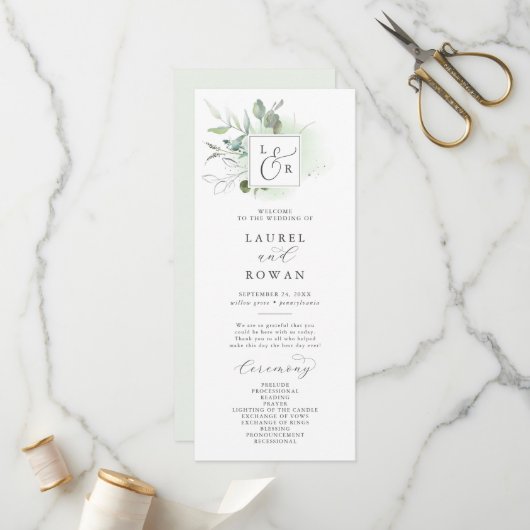 Elegant Greenery Monogram Wedding Programme Programma (Voorkant / Achterkant in situ)