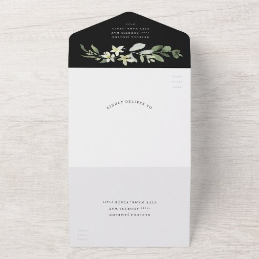 Elegant Greenery over het zwarte huwelijk All In One Uitnodiging (Buitenkant)