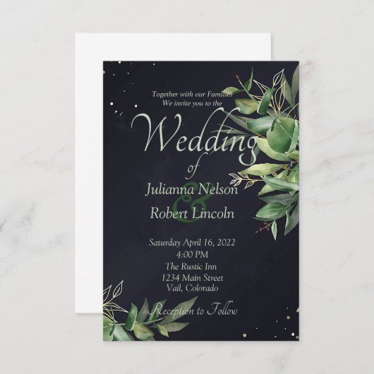 Elegant greenery over zwarte trouwuitnodiging kaart (Voorkant / Achterkant)