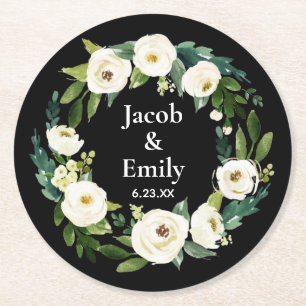 Elegant Greenery Personalized Names Date Wedding Ronde Kartonnen Onderzetter