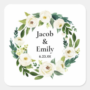 Elegant Greenery Personalized Names Date Wedding Vierkante Sticker