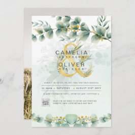 Elegant Greenery PHOTO Wedding Invitation QR CODE Kaart
