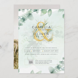 Elegant Greenery PHOTO Wedding Invitation QR CODE Kaart