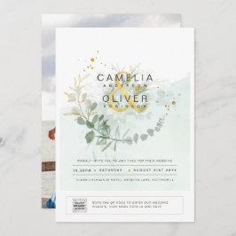 Elegant Greenery PHOTO Wedding Invitation QR CODE Kaart