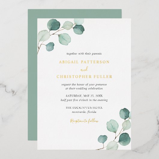 Elegant Greenery Rustic Eucalyptus Wedding Gold Folie Uitnodiging (Voorkant / Achterkant)
