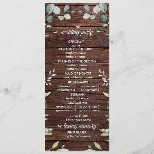 Elegant Greenery Rustic Wood Wedding Programs Programma (Achterkant)