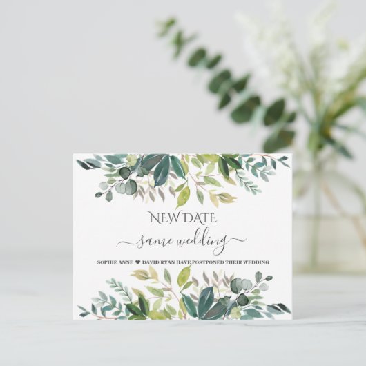 Elegant Greenery Same Wedding New Date Update Briefkaart (Staand voorkant)