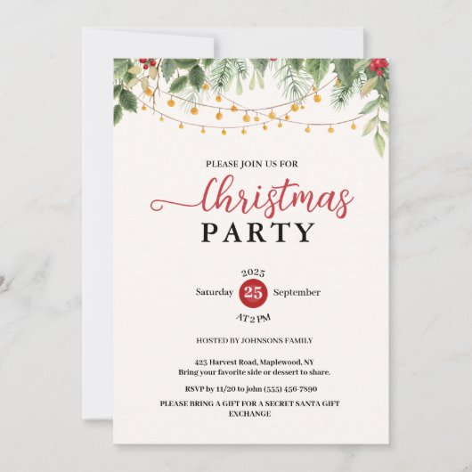 Elegant Greenery String Lights Christmas Party Kaart (Voorkant)