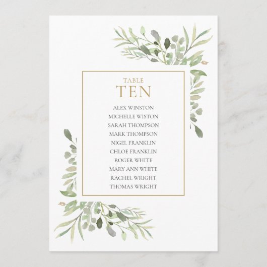 Elegant Greenery Table Number 10 Seating Chart Kaart (Achterkant)