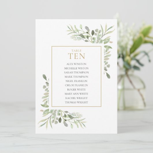 Elegant Greenery Table Number 10 Seating Chart Kaart (Staand voorkant)