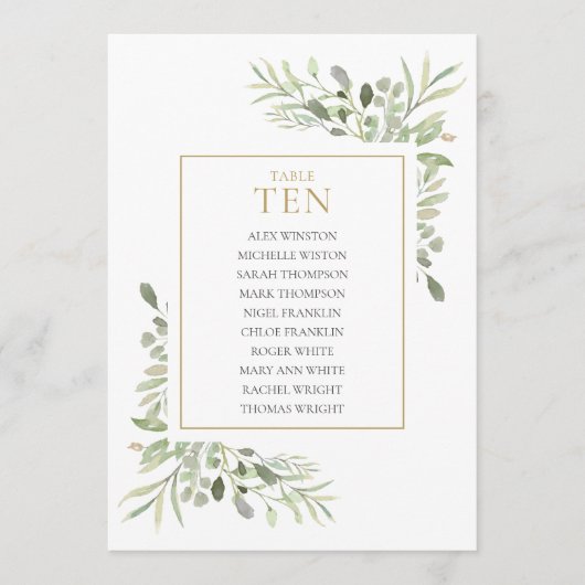 Elegant Greenery Table Number 10 Seating Chart Kaart (Voorkant)