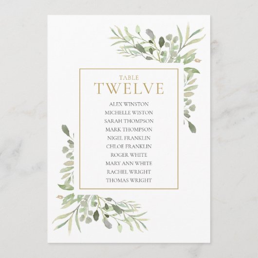 Elegant Greenery Table Number 12 Seating Chart Kaart (Achterkant)