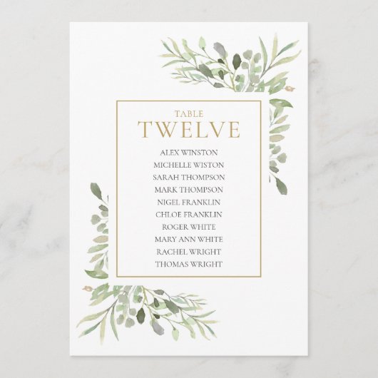 Elegant Greenery Table Number 12 Seating Chart Kaart (Voorkant)