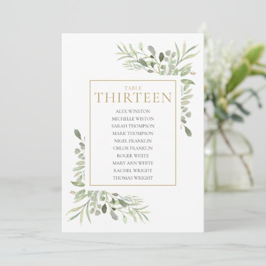 Elegant Greenery Table Number 13 Seating Chart Kaart (Staand voorkant)