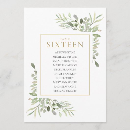 Elegant Greenery Table Number 16 Seating Chart Kaart (Voorkant)